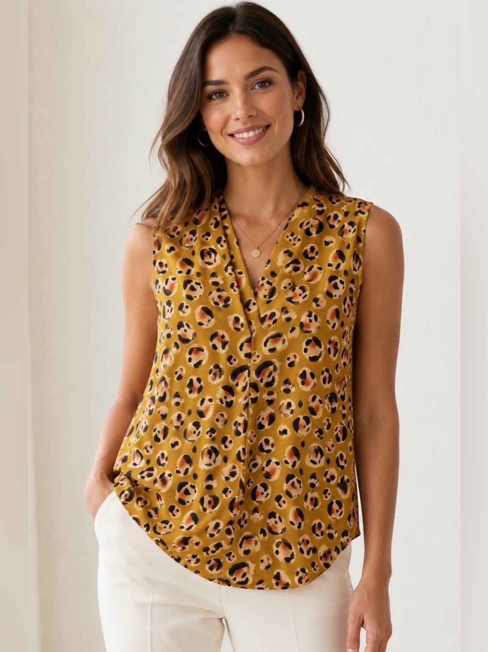 Cabi Mustard Leopard Animal Print Sleeveless Blouse Top Size S